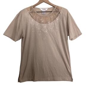 Vintage 80's Celebritees Tan Cotton Sheer Floral Embroidered Tee T-Shirt Top
